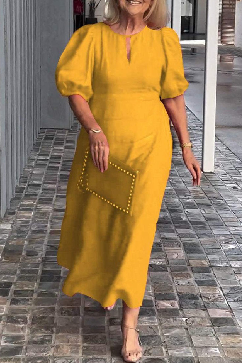 Casual Solid Color Hollow Out O Neck Long Dresses(9 Colors) Yellow