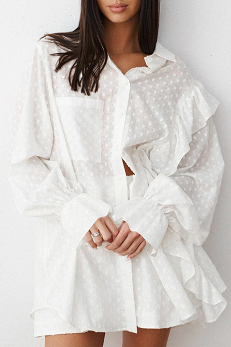 Casual Daily Jacquard Solid Color Pocket Ruffle Turndown Collar Long Sleeve Two Pieces