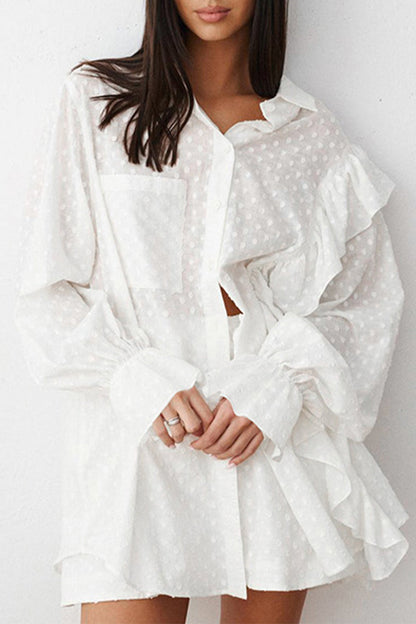 Casual Daily Jacquard Solid Color Pocket Ruffle Turndown Collar Long Sleeve Two Pieces