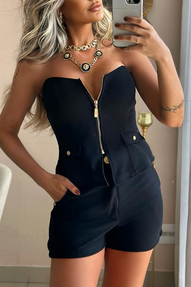 Casual Solid Color Backless Zipper Patchwork Strapless Sleeveless Two Pieces Black