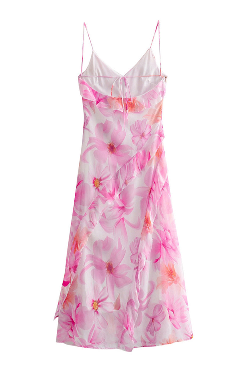 Sexy Floral Print Backless Ruffle V Neck Sling Dresses