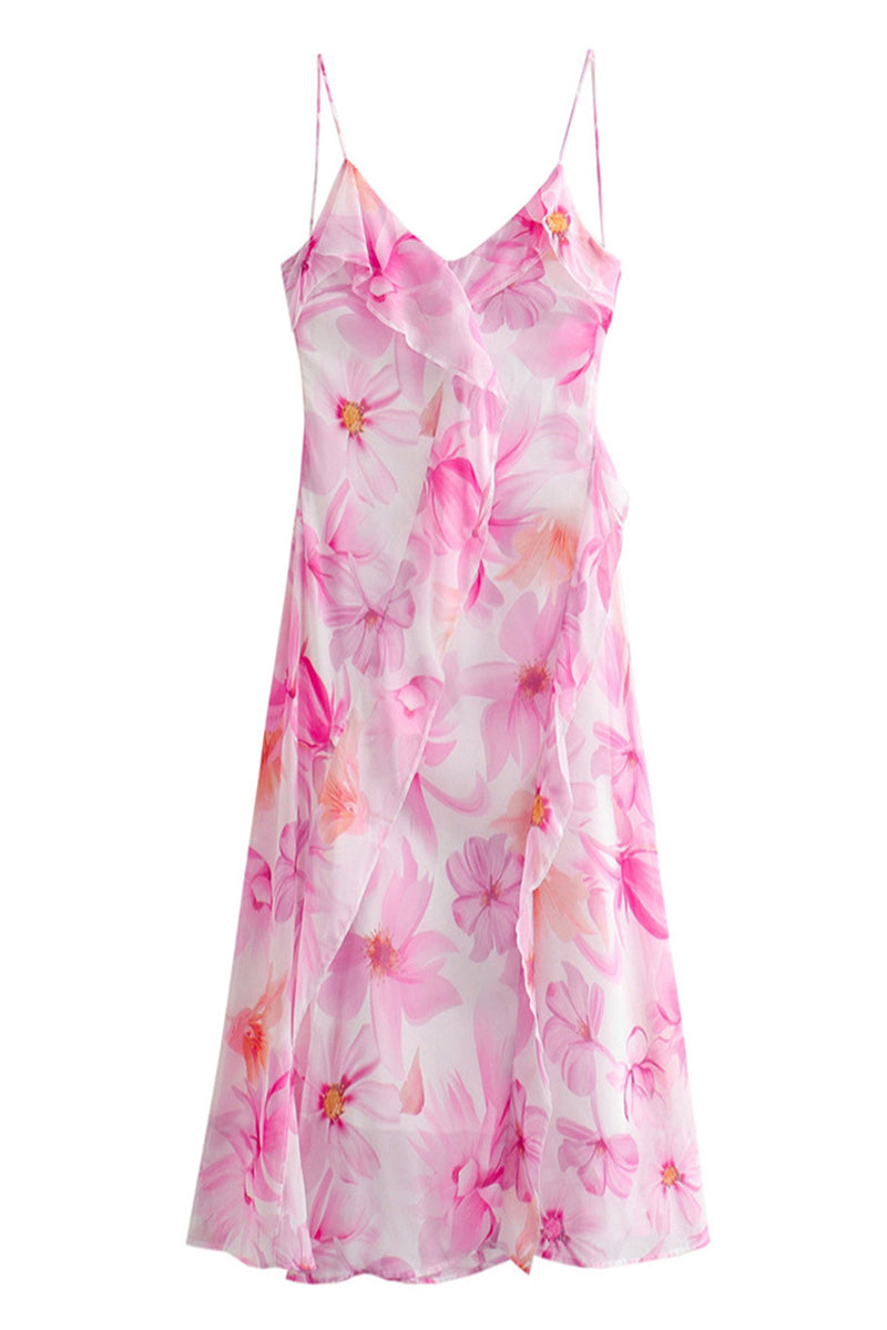 Sexy Floral Print Backless Ruffle V Neck Sling Dresses