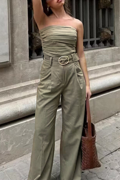 Casual Street Solid Color Pocket Ruched With Belt Strapless Sleeveless Two Pieces Army Green