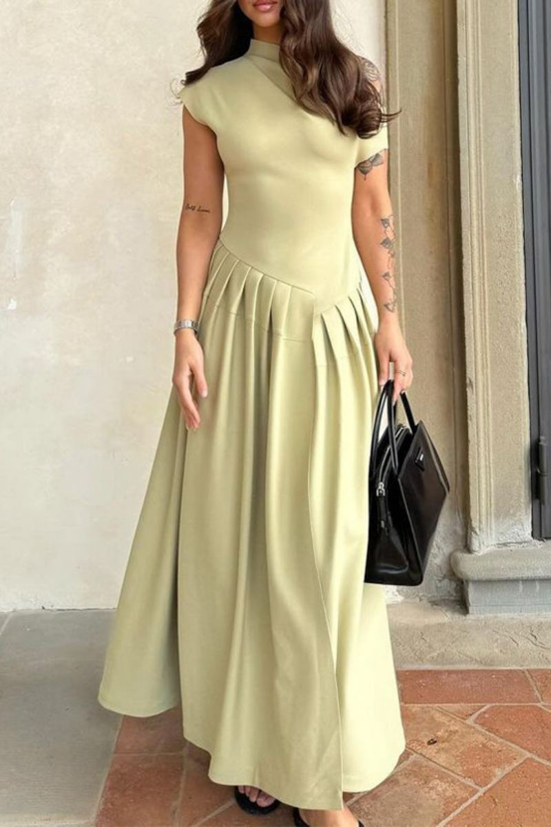 Casual Solid Color Ruched Half A Turtleneck Long Dresses Green