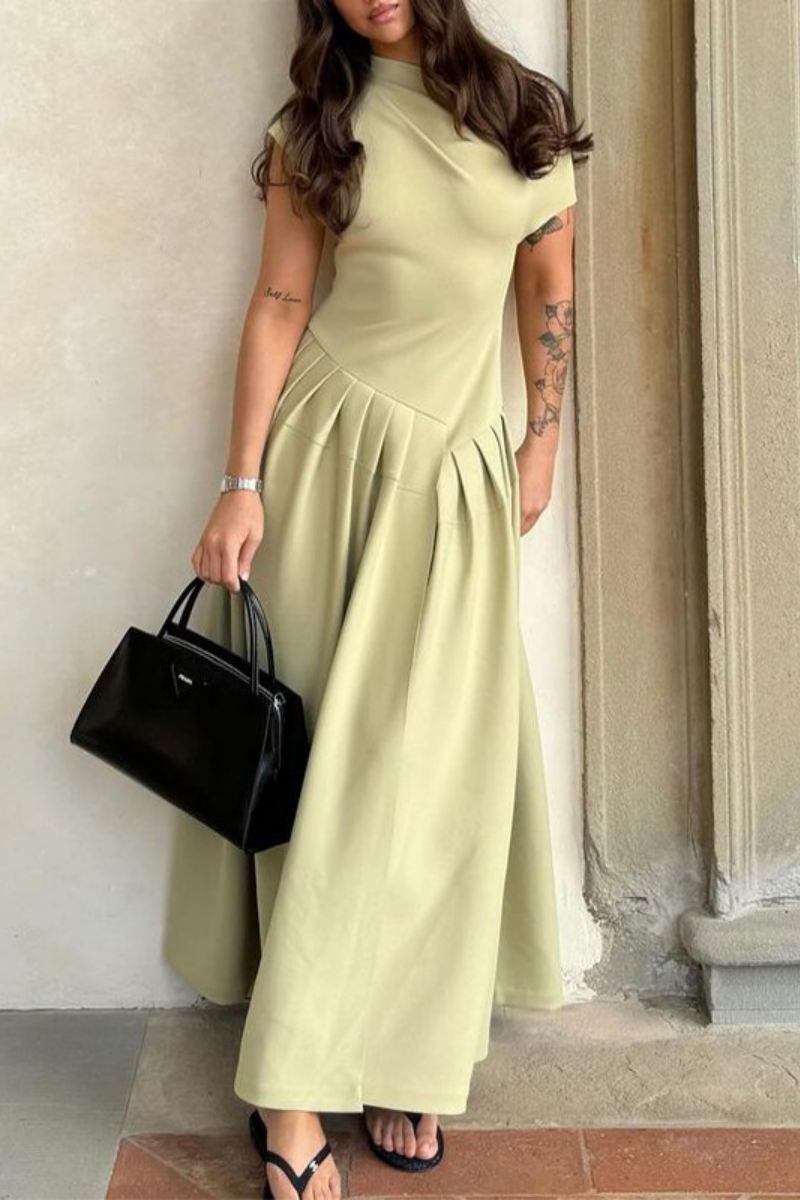 Casual Solid Color Ruched Half A Turtleneck Long Dresses