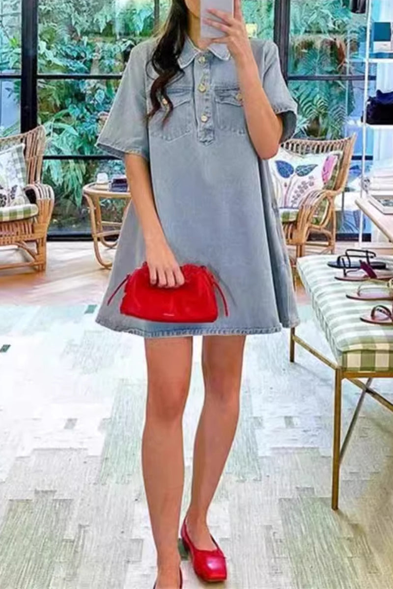 Casual Daily Solid Color Buttons Turndown Collar Short Sleeve Loose Denim Dresses Light Blue