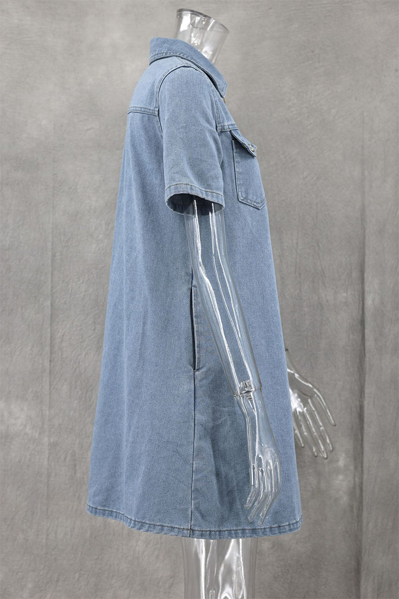 Casual Daily Solid Color Buttons Turndown Collar Short Sleeve Loose Denim Dresses