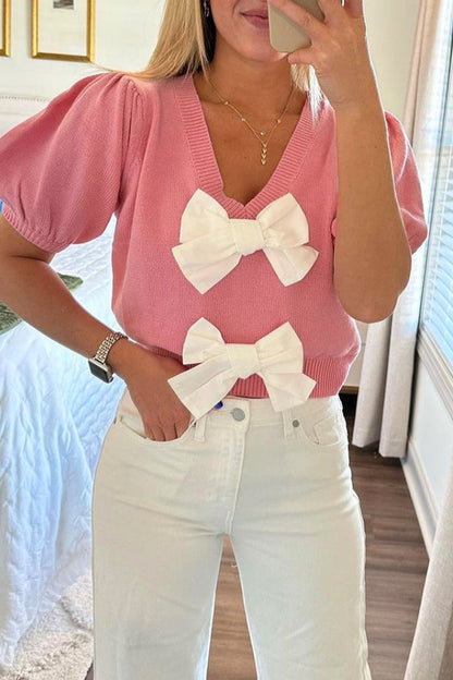 Casual Daily Solid Color Bow Decor V Neck Sweaters