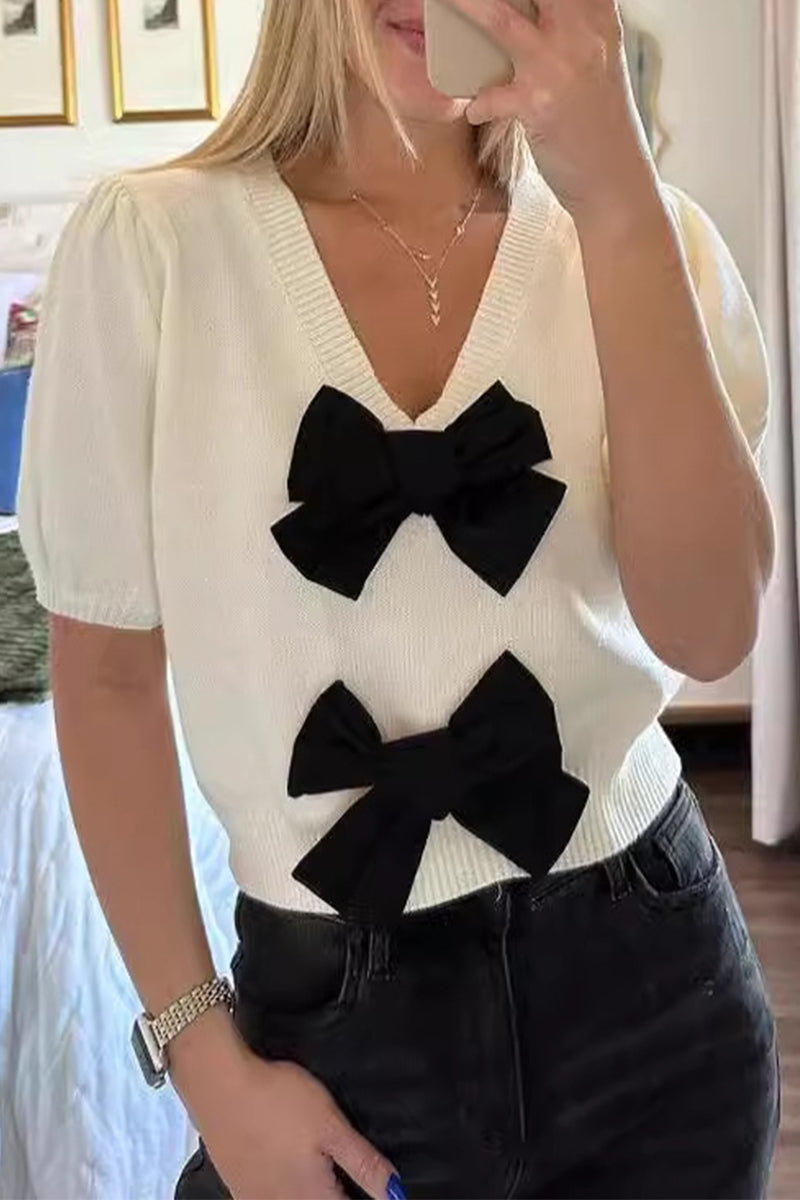 Casual Daily Solid Color Bow Decor V Neck Tops White