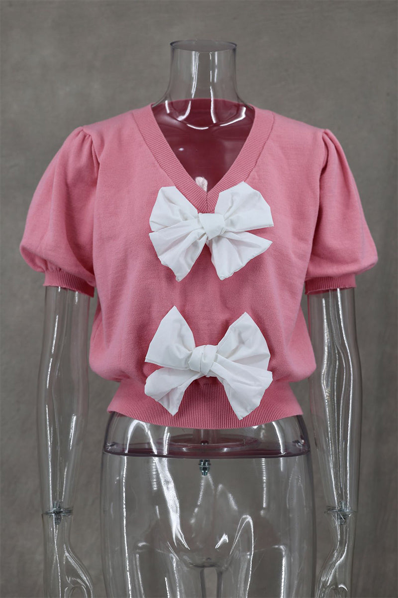 Casual Daily Solid Color Bow Decor V Neck Tops