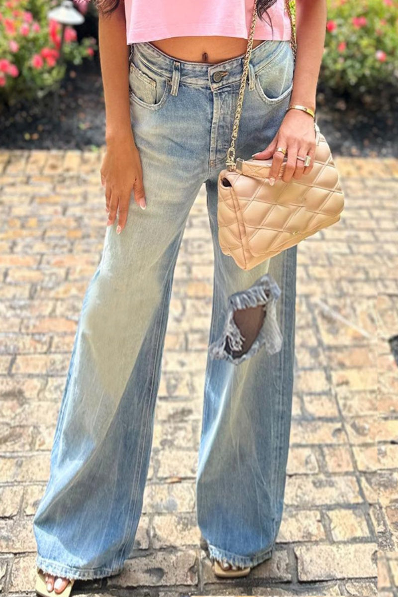 Casual Solid Color Ripped High Waist Straight Denim Jeans Light Blue