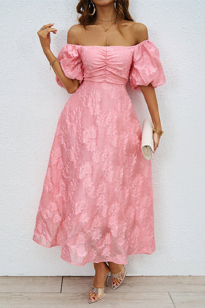 Daily Solid Color Ruched Off Shoulder Ball Gown Short Sleeve Dress