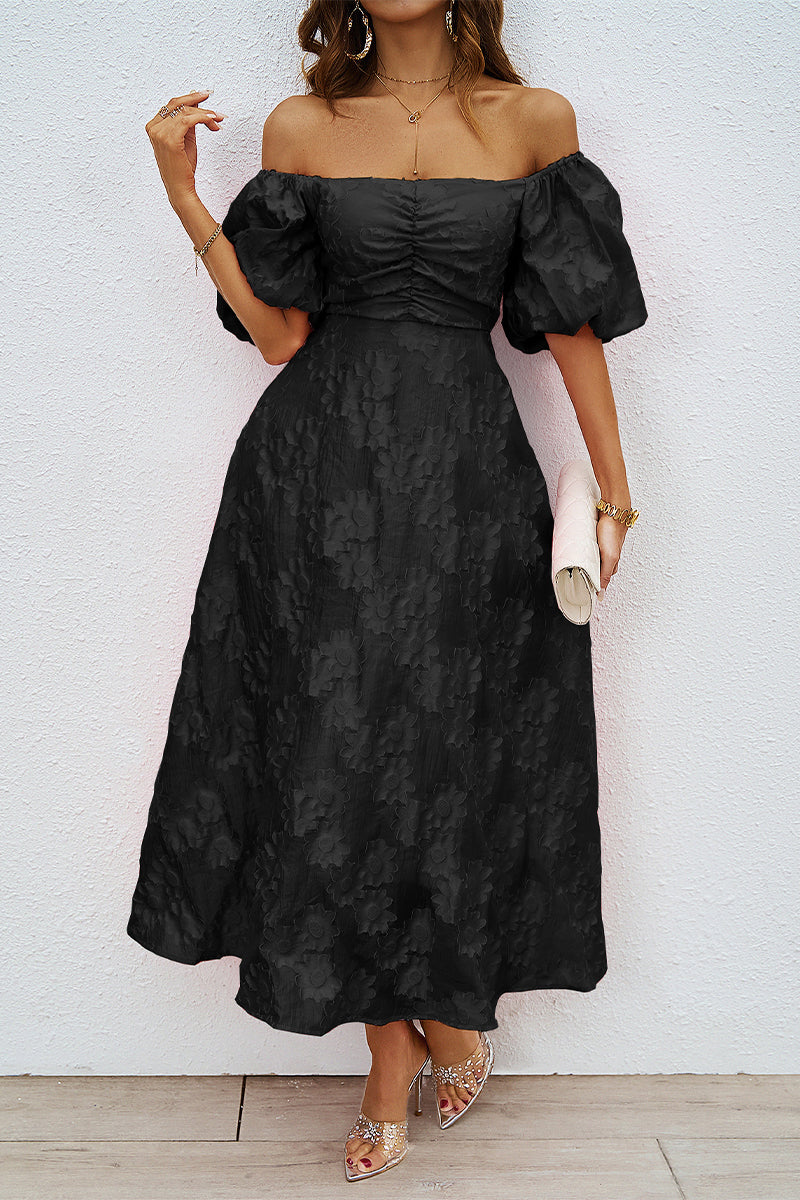 Daily Solid Color Ruched Off Shoulder Ball Gown Short Sleeve Dress