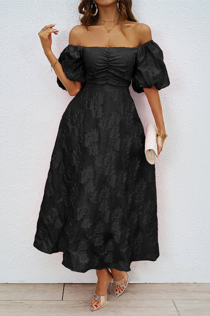 Daily Solid Color Ruched Off Shoulder Ball Gown Short Sleeve Dress