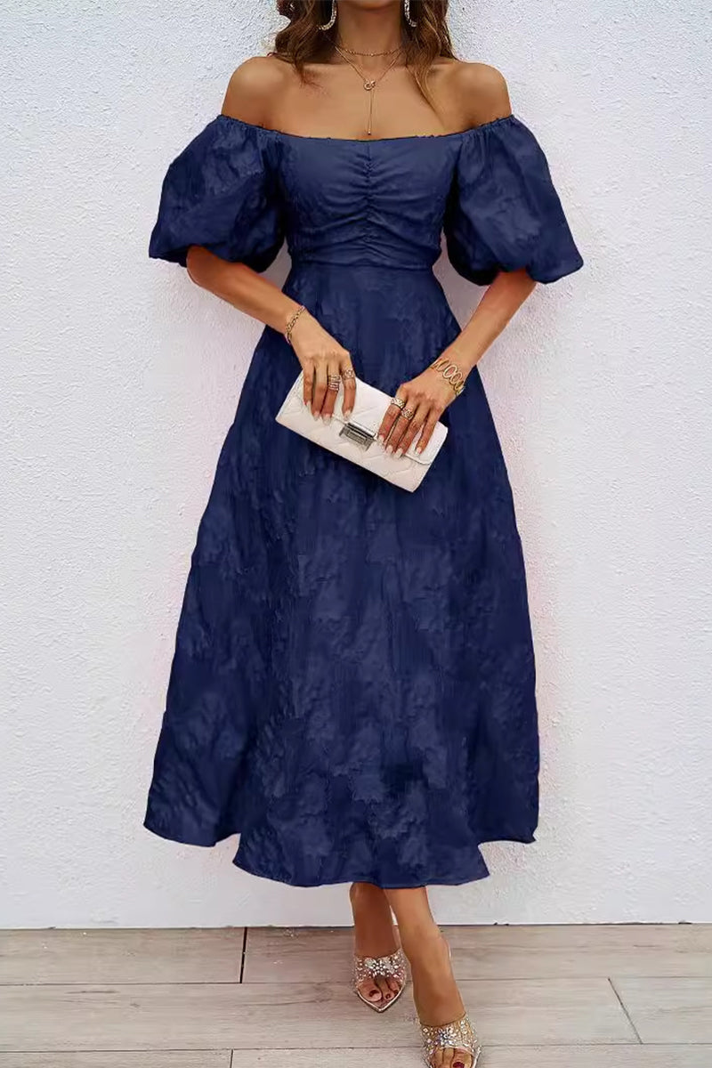 Daily Solid Color Ruched Off Shoulder Ball Gown Short Sleeve Dress