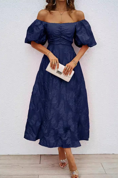 Daily Solid Color Ruched Off Shoulder Ball Gown Short Sleeve Dress