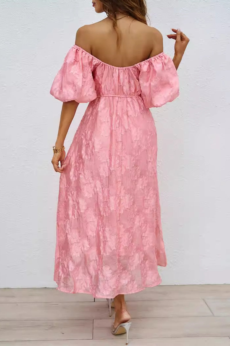 Daily Solid Color Ruched Off Shoulder Ball Gown Short Sleeve Dress