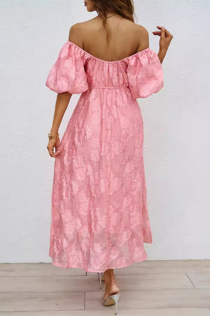 Daily Solid Color Ruched Off Shoulder Ball Gown Short Sleeve Dress