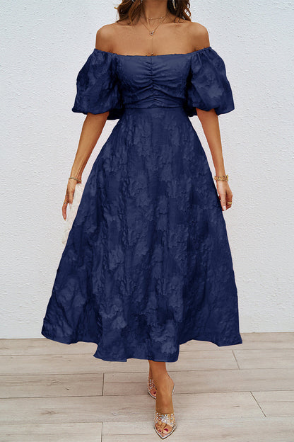 Daily Solid Color Ruched Off Shoulder Ball Gown Short Sleeve Dress