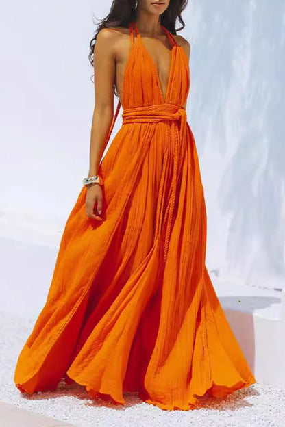 Sexy Solid Color Lace Up Backless Halter Beach Dresses Orange Red One Size