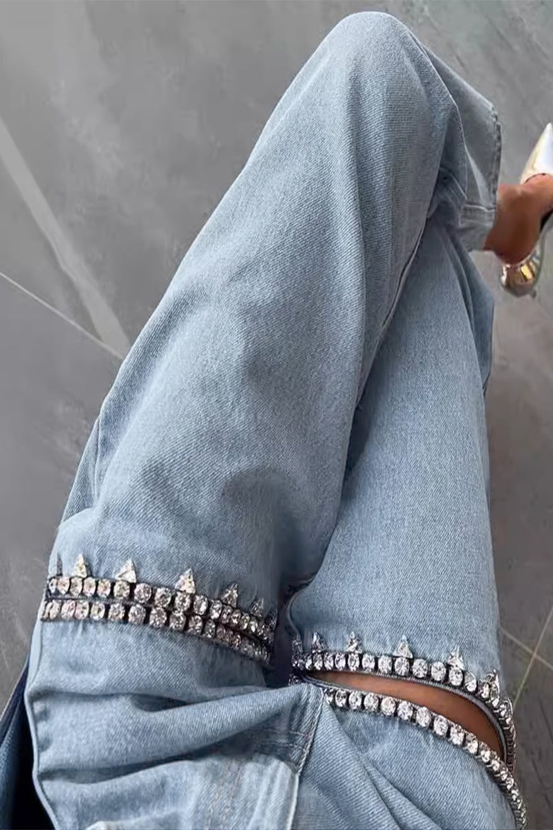 Street Solid Color Rhinestone Decor High Waist Denim Jeans