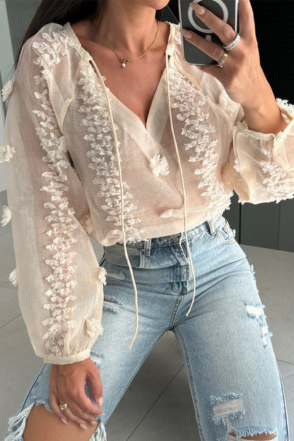 Sexy Jacquard Solid Color Lace Up See-Through V Neck Tops(3 Colors) Apricot