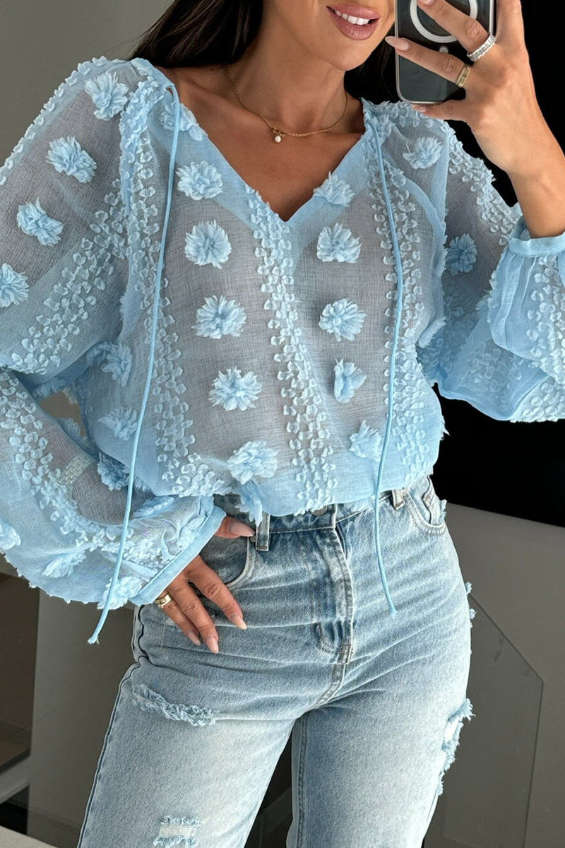 Sexy Jacquard Solid Color Lace Up See-Through V Neck Tops(3 Colors)