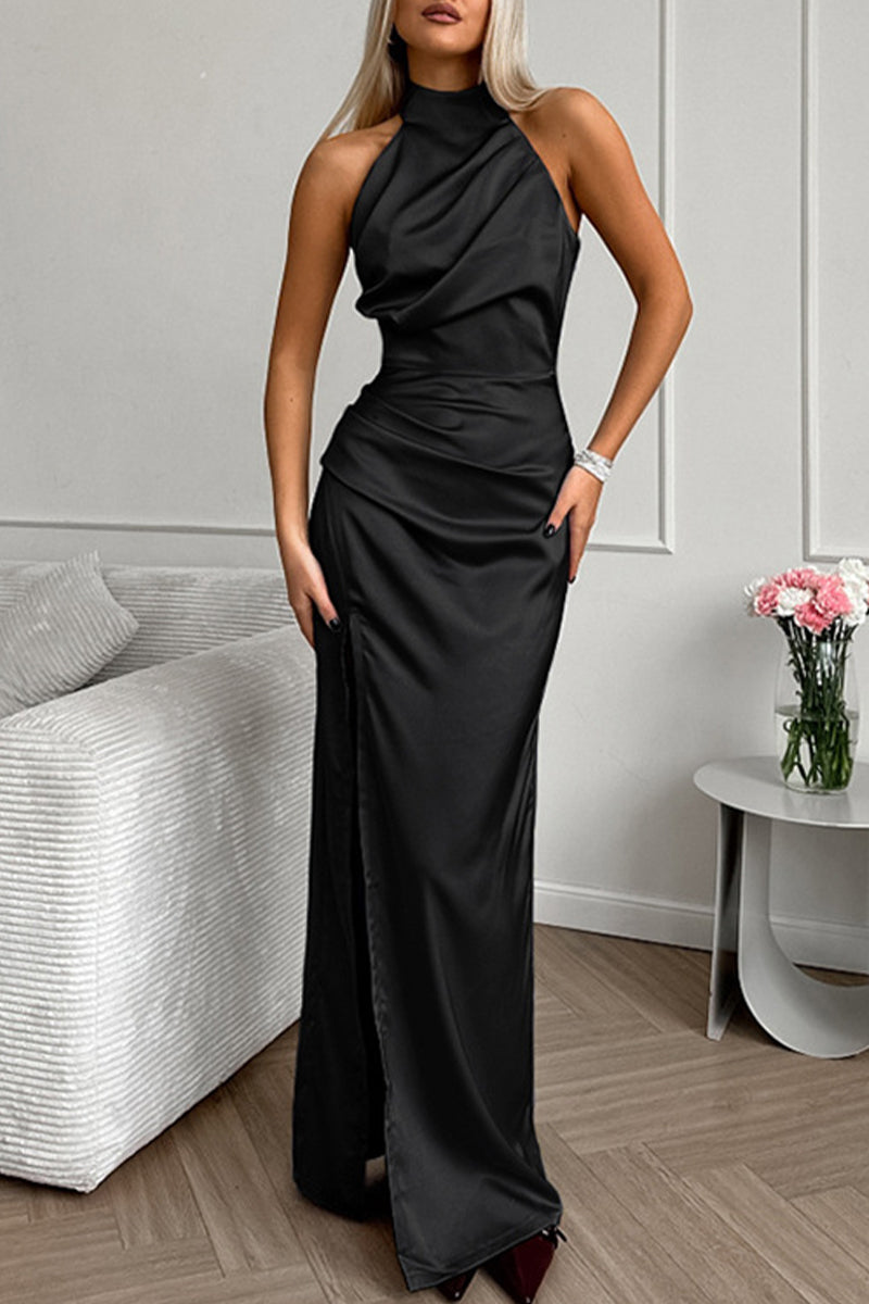 Sexy Prom Solid Color Slit Halter One Step Skirt Dresses Black