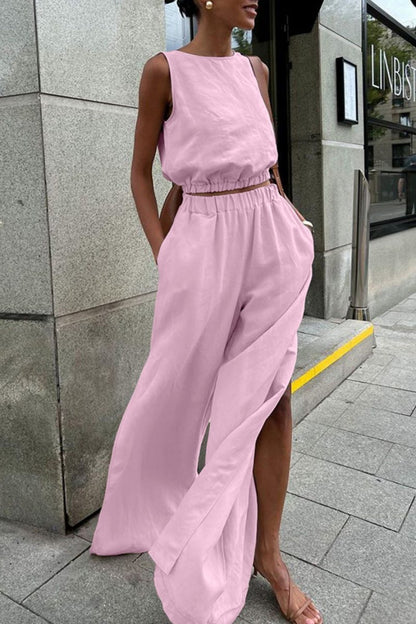 Casual Solid Color Slit O Neck Sleeveless Two Pieces(3 Colors) Pink