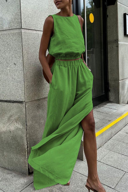 Casual Solid Color Slit O Neck Sleeveless Two Pieces(3 Colors) Green