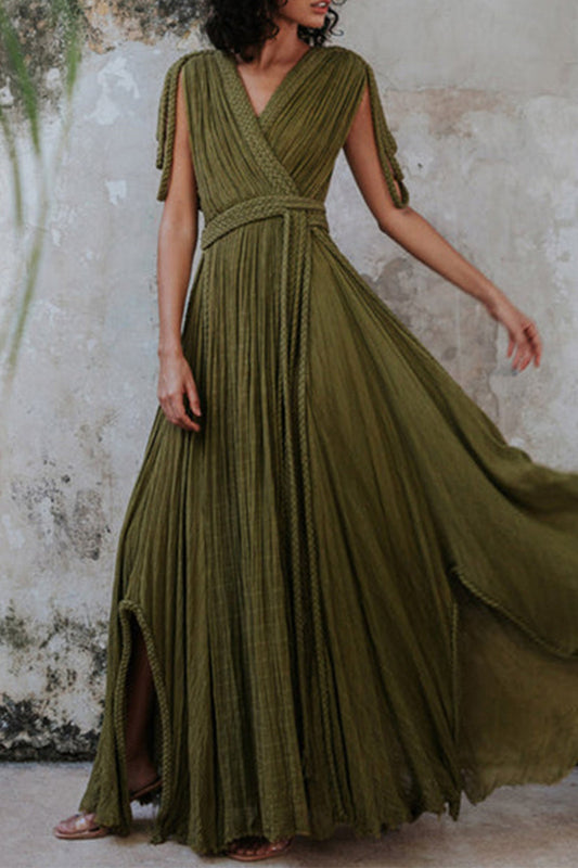 Sexy Vacation Solid Color Slit Strap Design V Neck Beach Dresses Army Green One Size