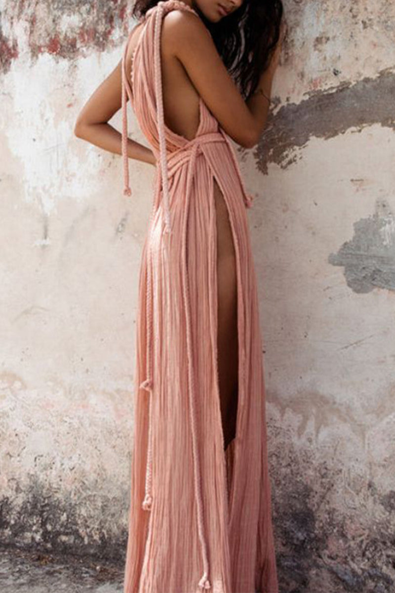 Sexy Vacation Solid Color Slit Strap Design V Neck Beach Dresses(4 Colors) Pink One Size