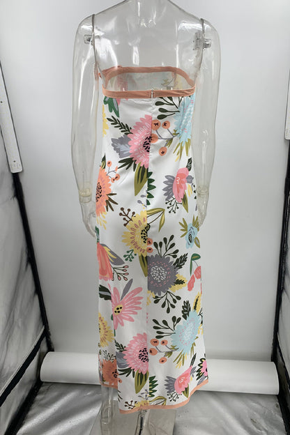 Sexy Floral Print Lace Up Slit Strapless Printed Dresses