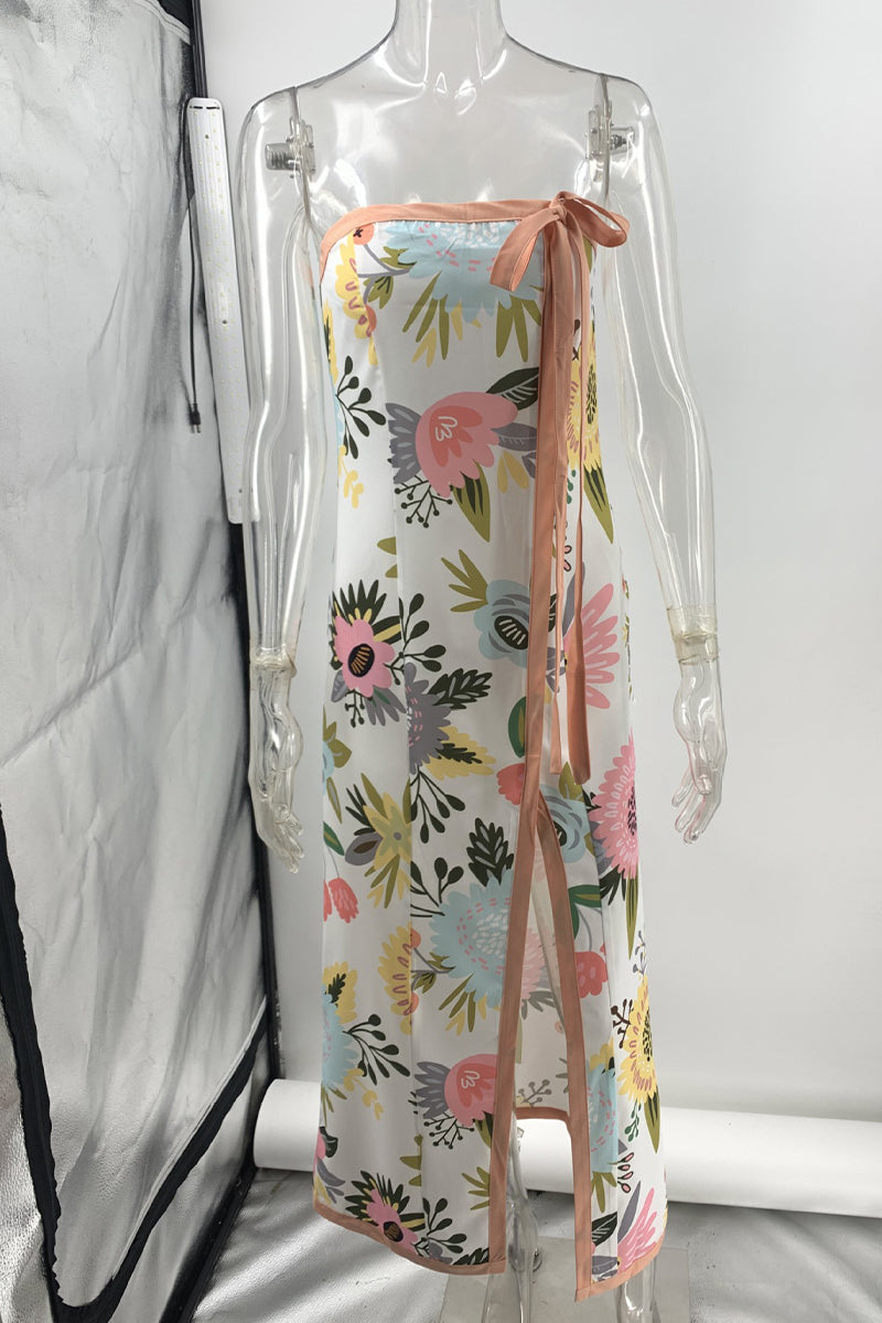 Sexy Floral Print Lace Up Slit Strapless Printed Dresses