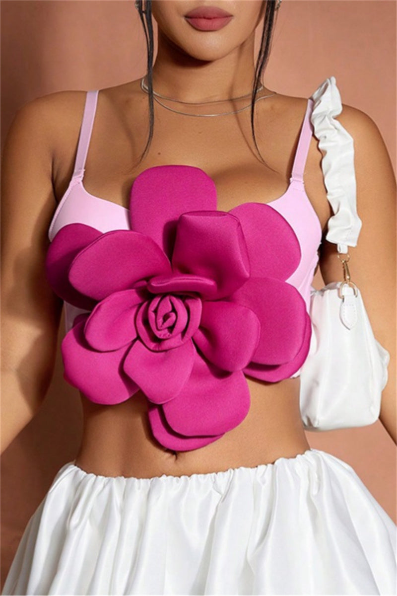 Sexy Casual Flowers Patchwork Backless Spaghetti Strap Tops Pink