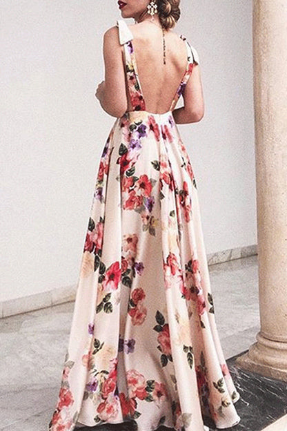 Sexy Floral Print Backless V Neck Sling Dresses(4 Colors)