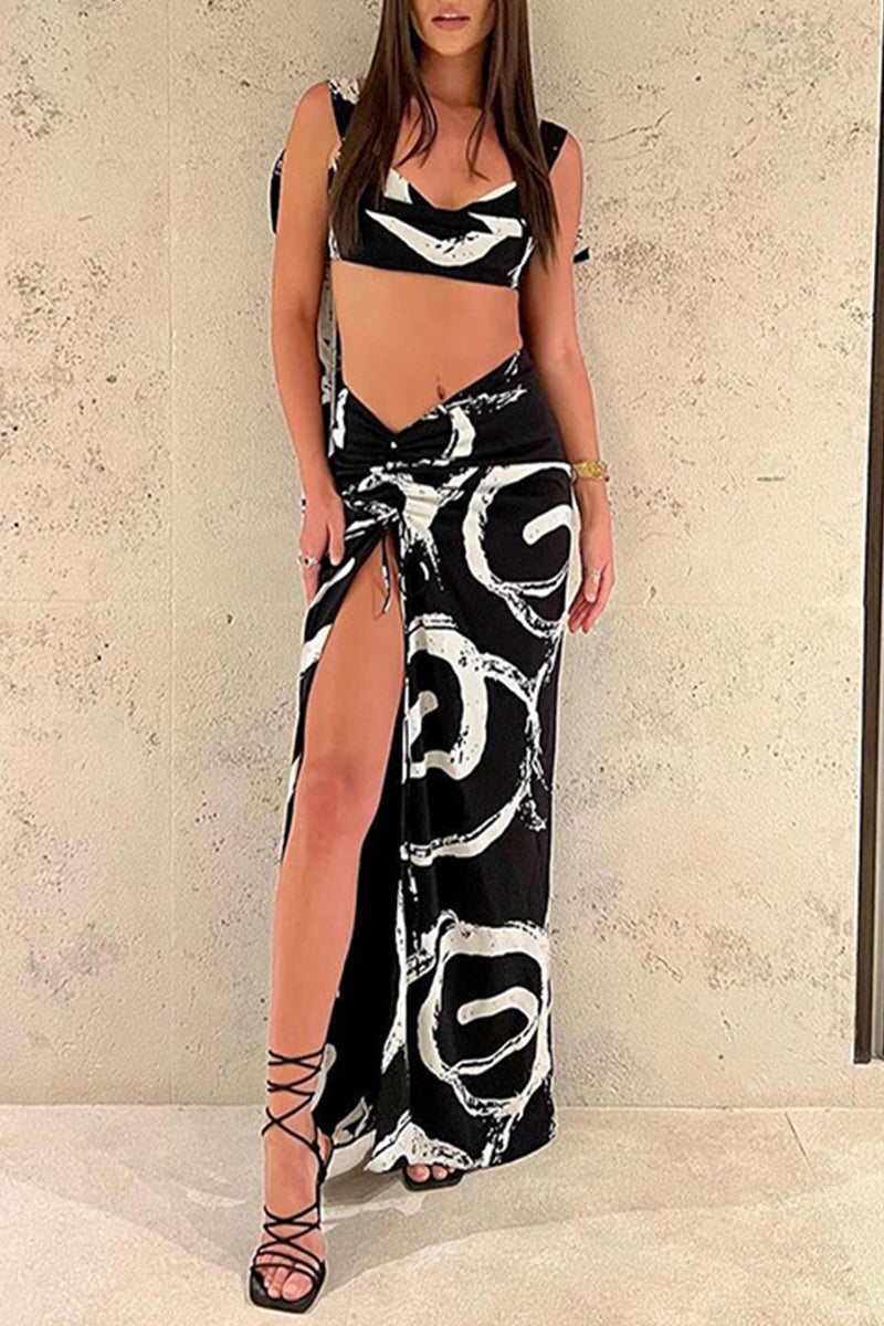 Sexy Casual Geometric Print Draw String Contrast V Neck Sleeveless Two Pieces