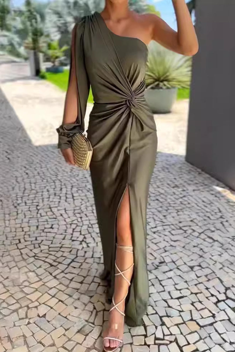 Sexy Solid Color Slit Ruched Knotted Sloping Shoulder Long Dresses Army Green