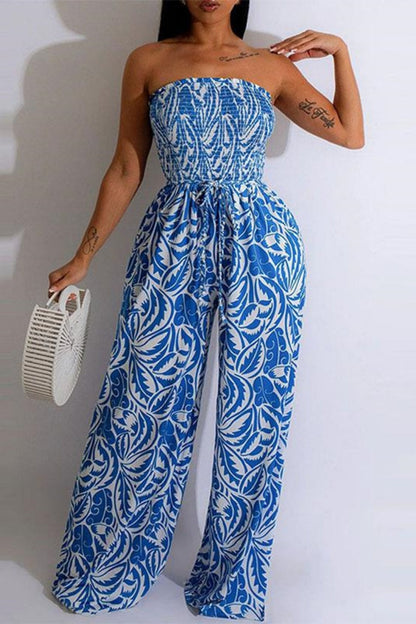 Sexy Casual Print Strapless Bodycon Jumpsuits(4 Colors) Blue