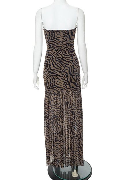 Sexy Animal Print Slit Mesh Strapless Strapless Dresses