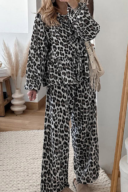 Casual Daily Leopard Print Lace Up Ruffle O Neck Long Sleeve Two Pieces Leopard Print