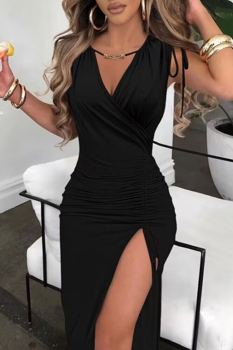 Casual Solid Color Draw String Lace Up Slit V Neck Sleeveless Dresses Black