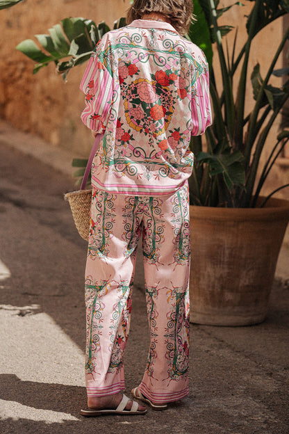 Casual Street Floral Print Pocket Turndown Collar Long Sleeve Two Pieces