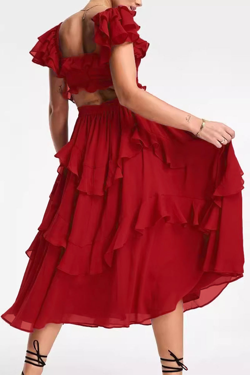 Sexy Solid Color Hollow Out Backless Ruffle Ruched V Neck Irregular Dresses