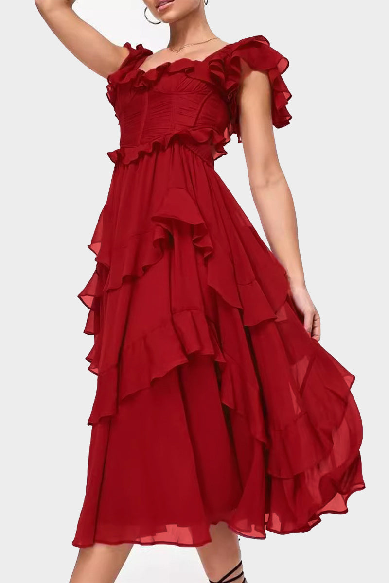 Sexy Solid Color Hollow Out Backless Ruffle Ruched V Neck Irregular Dresses Red