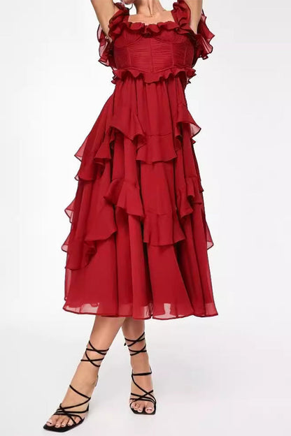 Sexy Solid Color Hollow Out Backless Ruffle Ruched V Neck Irregular Dresses