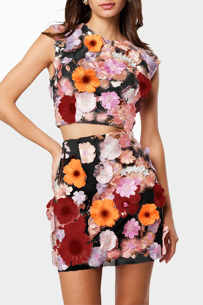 Casual Flowers Embroidery O Neck Sleeveless Two Pieces(3 Colors) Black