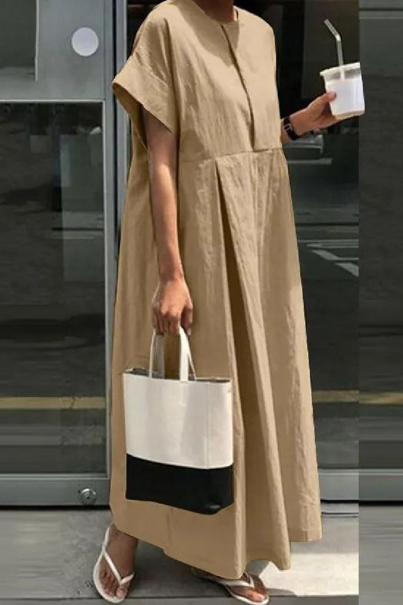 Casual Solid Color Patchwork O Neck Long Dresses(4 Colors) Khaki