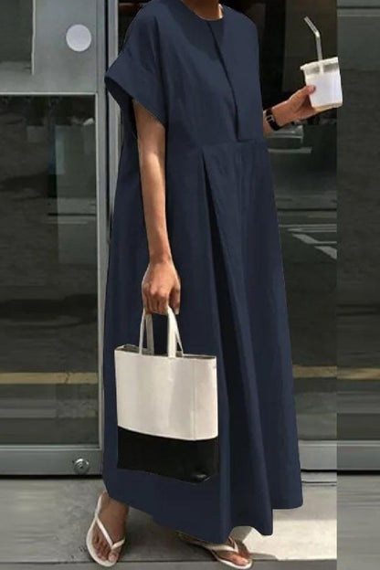 Casual Solid Color Patchwork O Neck Long Dresses(4 Colors) Deep Blue