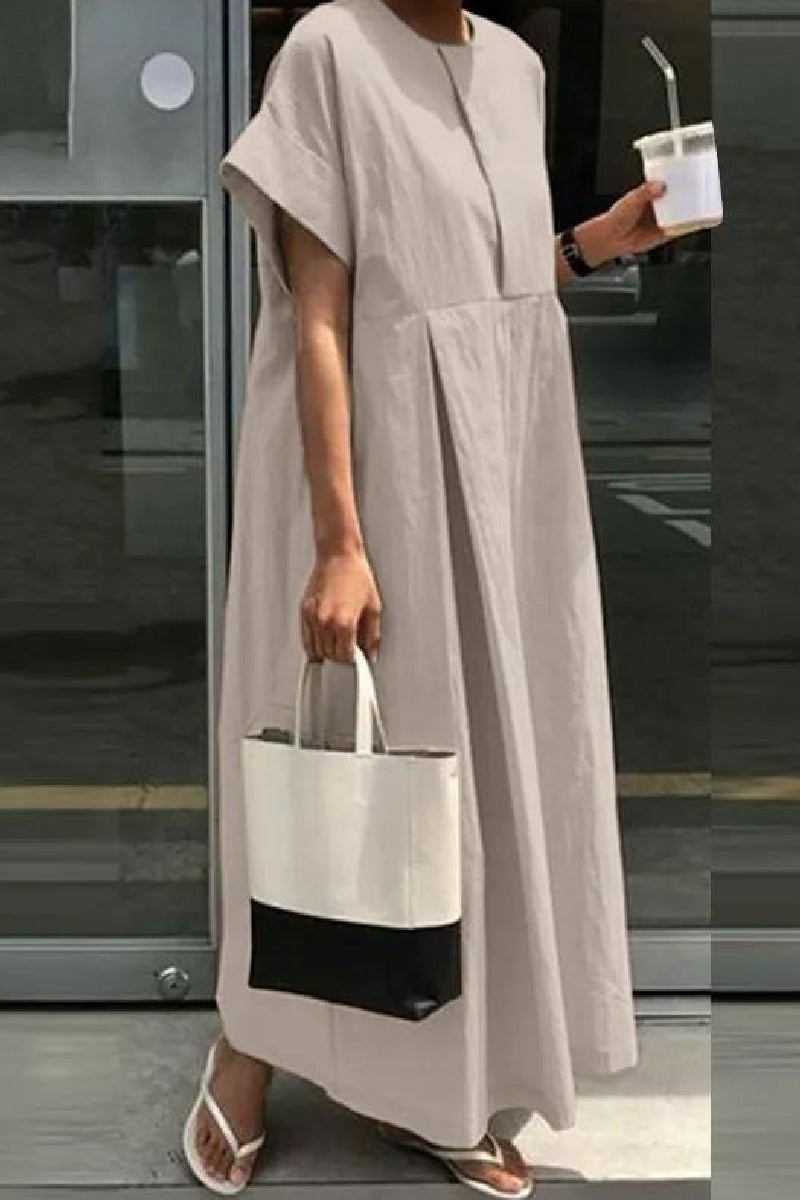 Casual Solid Color Patchwork O Neck Long Dresses(4 Colors) Light Gray